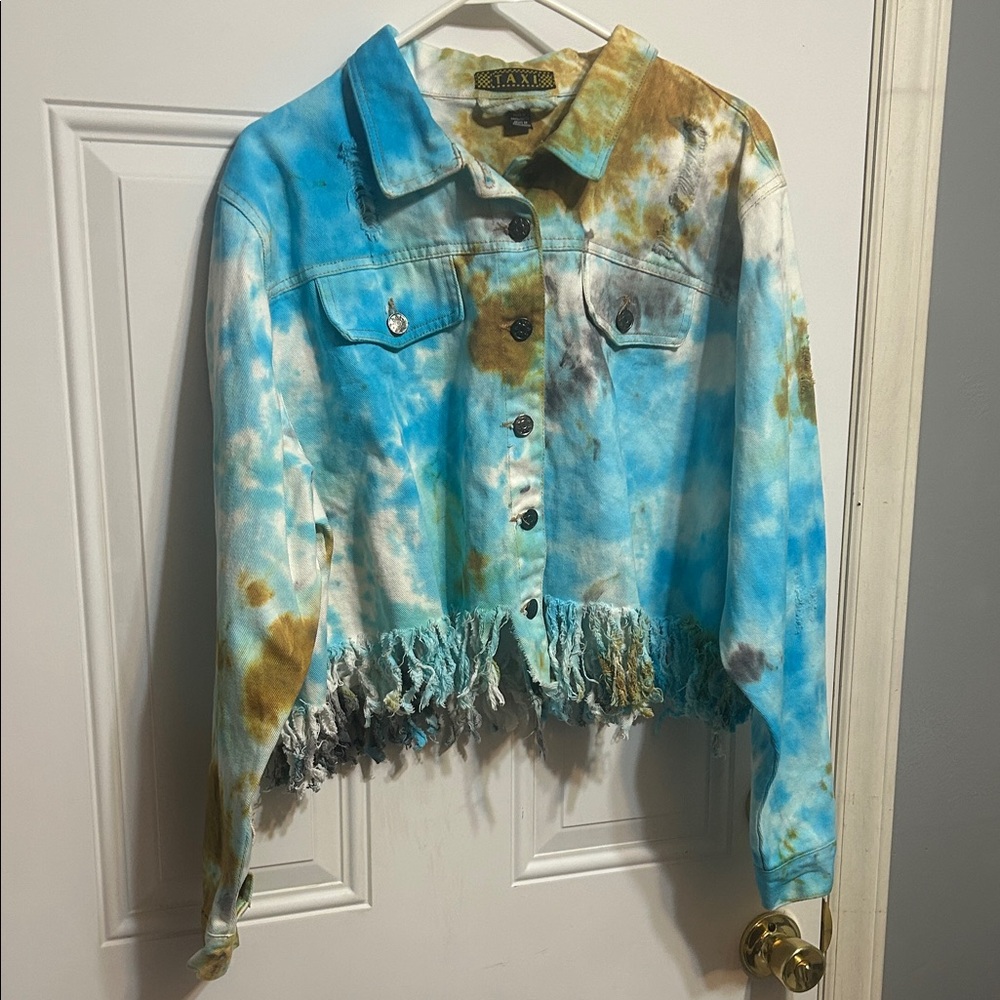 Stylish Tie-Dye Fringed Jean Jacket